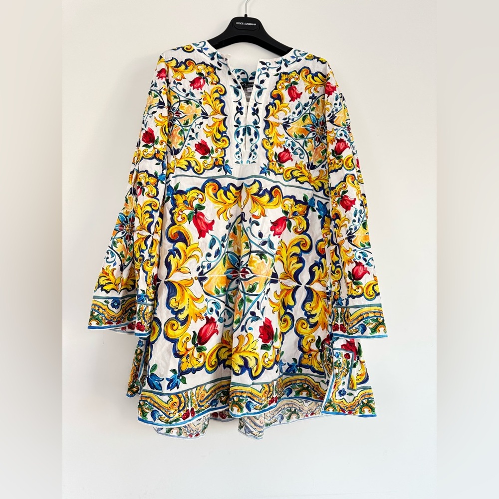 Dolce and Gabbana Majolica Printed Cotton Bell Sleeve Kaftan Dress size IT 42 - Picture 6 of 13